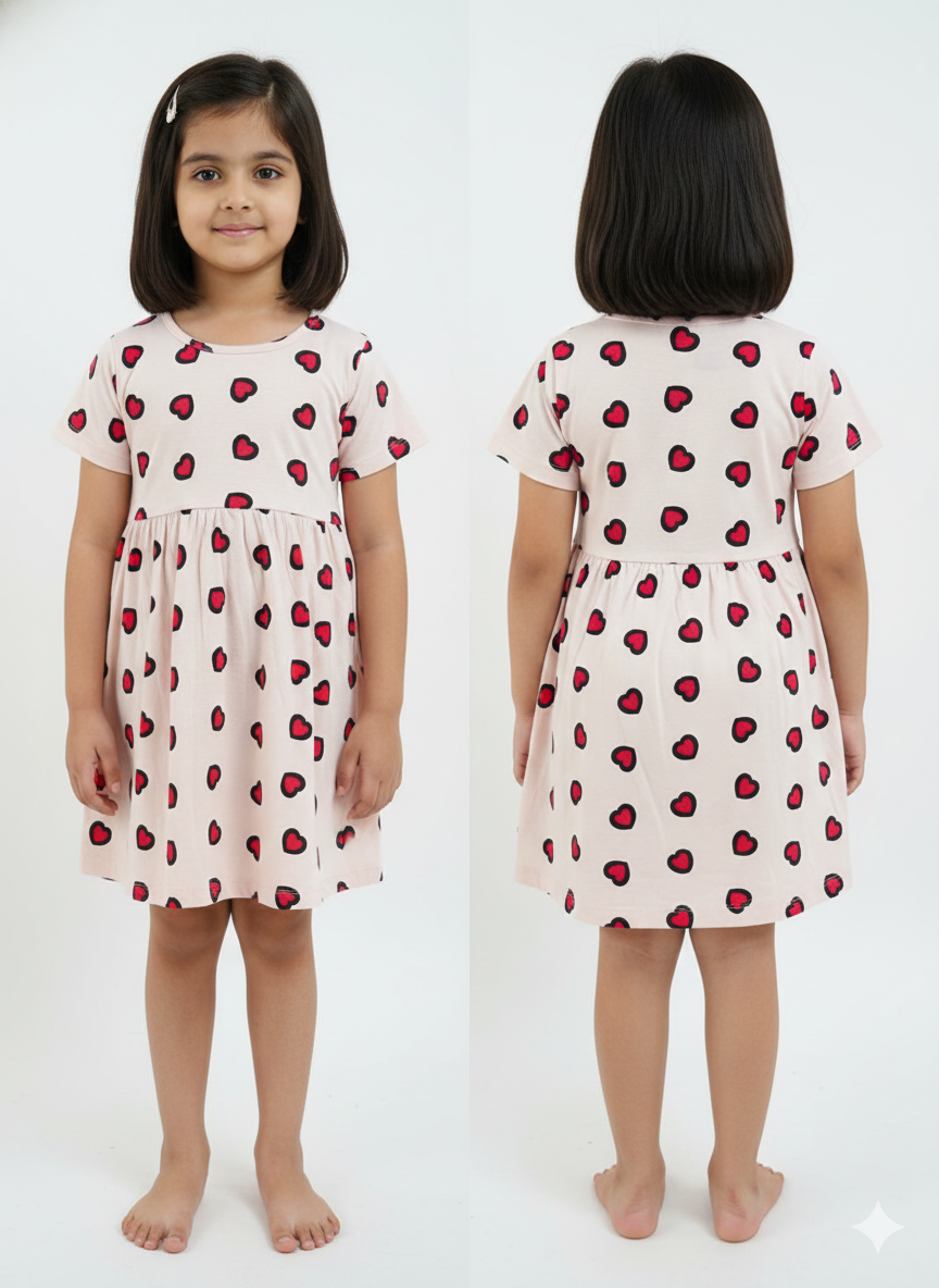 Girls Cotton Heart Printed Casual Dress