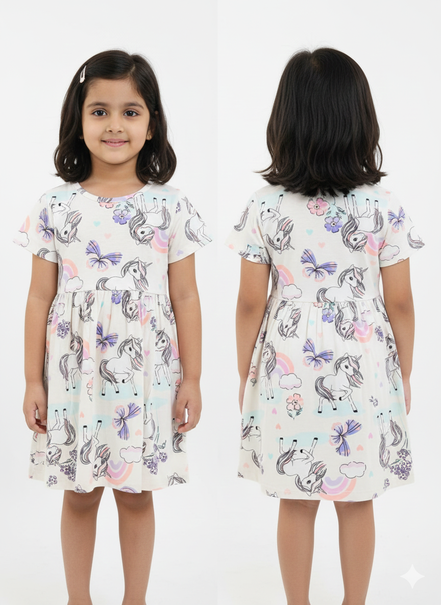 Girls Cotton Unicorn Printed Casual Dress