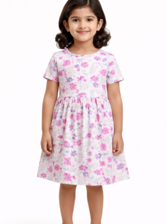 Soft cotton floral dress with a cute pink print and comfortable fit for kids.